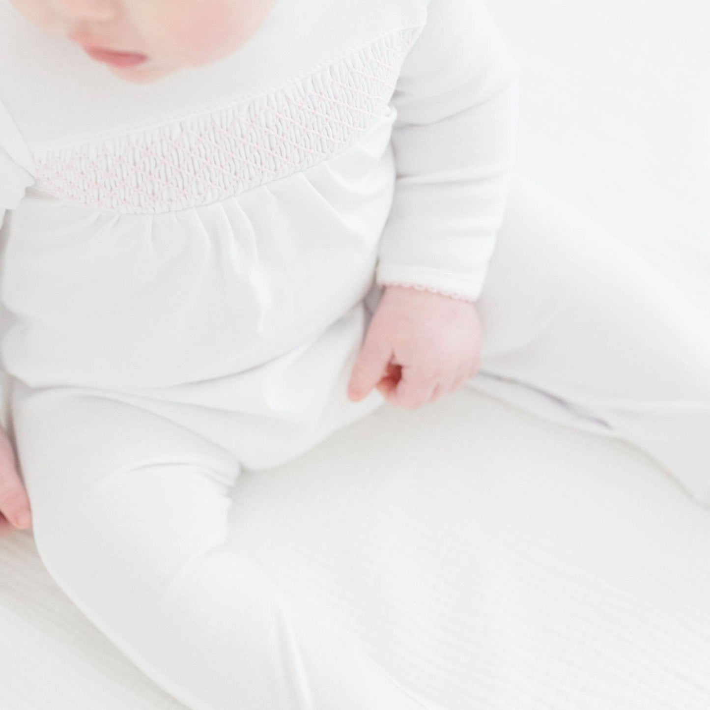 Essentials White with Pink Trim Smocked Footie - Tiniboo