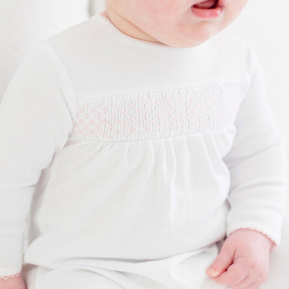Essentials White with Pink Trim Smocked Footie - Tiniboo