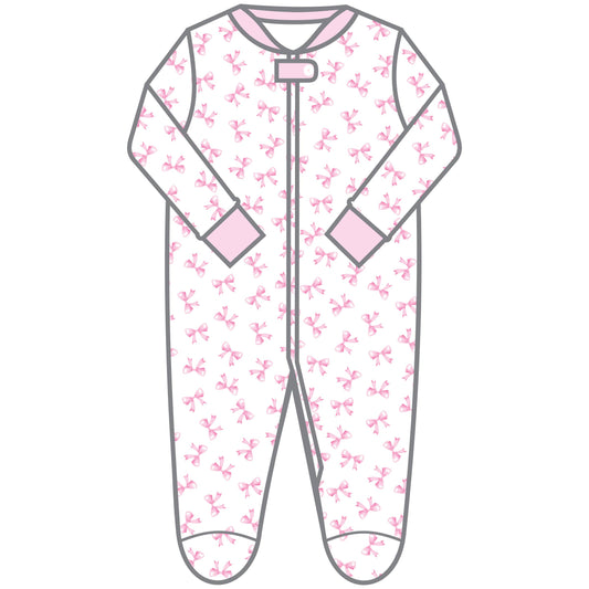 Baby Bows Pink Printed Zipper Footie - Tiniboo