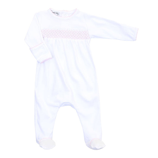 Essentials White with Pink Trim Smocked Footie - Tiniboo