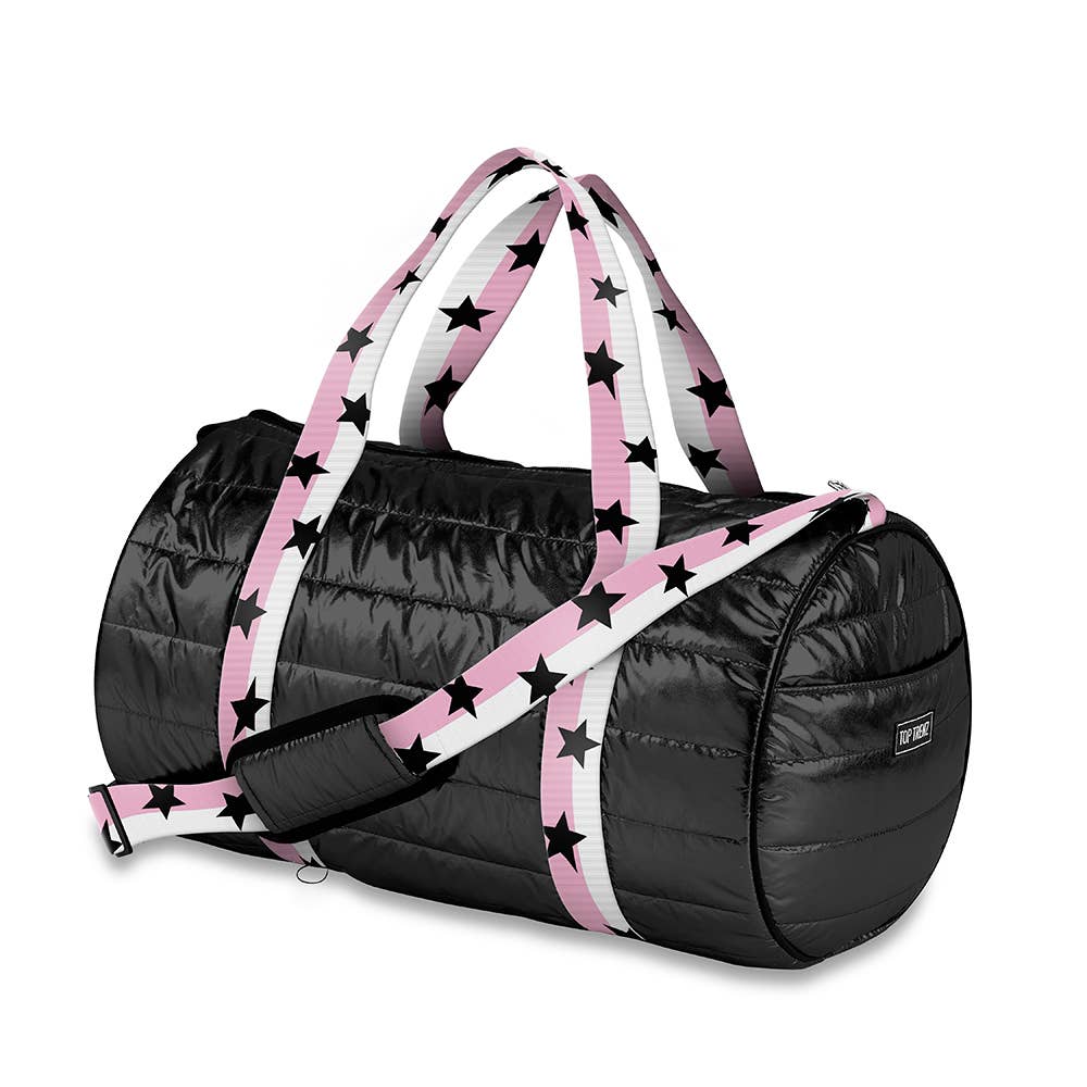 Black Puffer Duffle Bag Pink White Split Star Strap