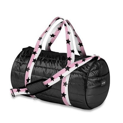 Black Puffer Duffle Bag Pink White Split Star Strap