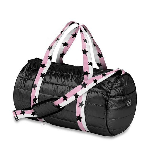 Black Puffer Duffle Bag Pink White Split Star Strap