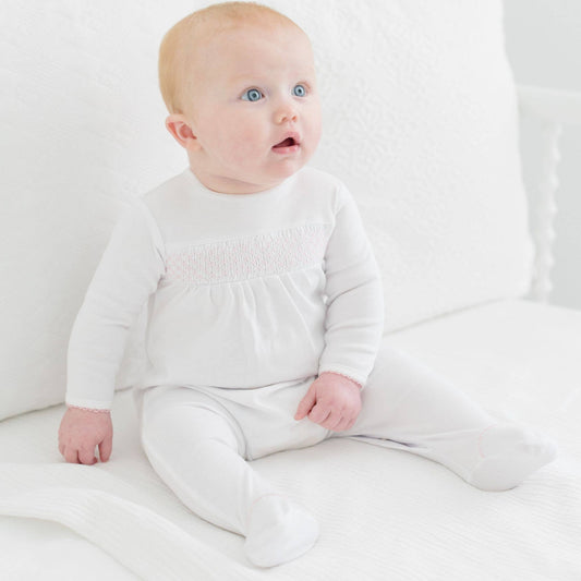 Essentials White with Pink Trim Smocked Footie - Tiniboo