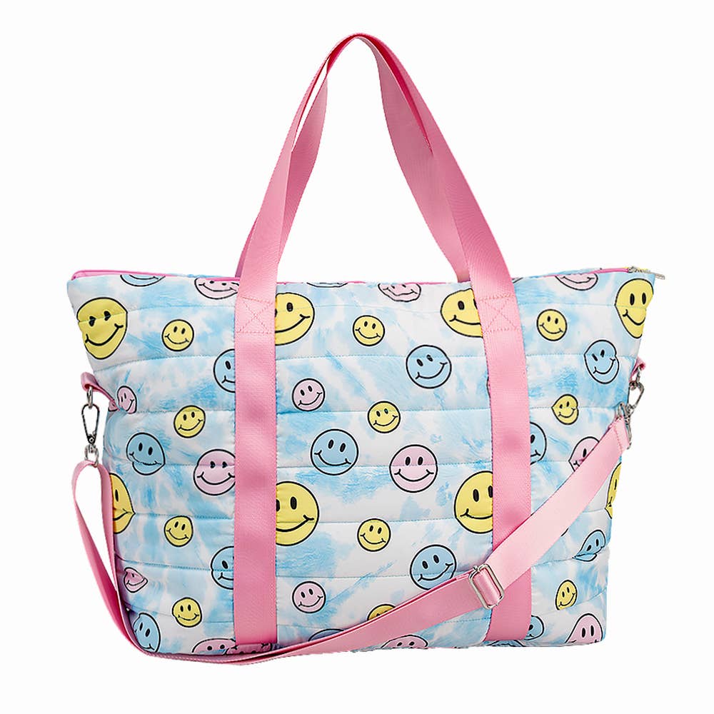 Happy Face Blue Tie-Dye Printed Puffer Tote Bag - Tiniboo