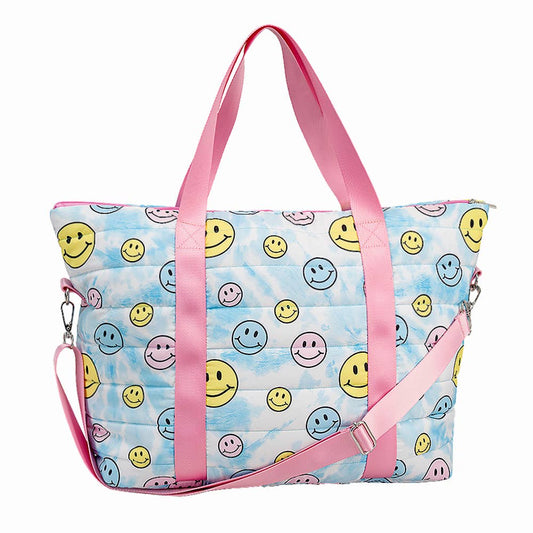 Happy Face Blue Tie-Dye Printed Puffer Tote Bag - Tiniboo